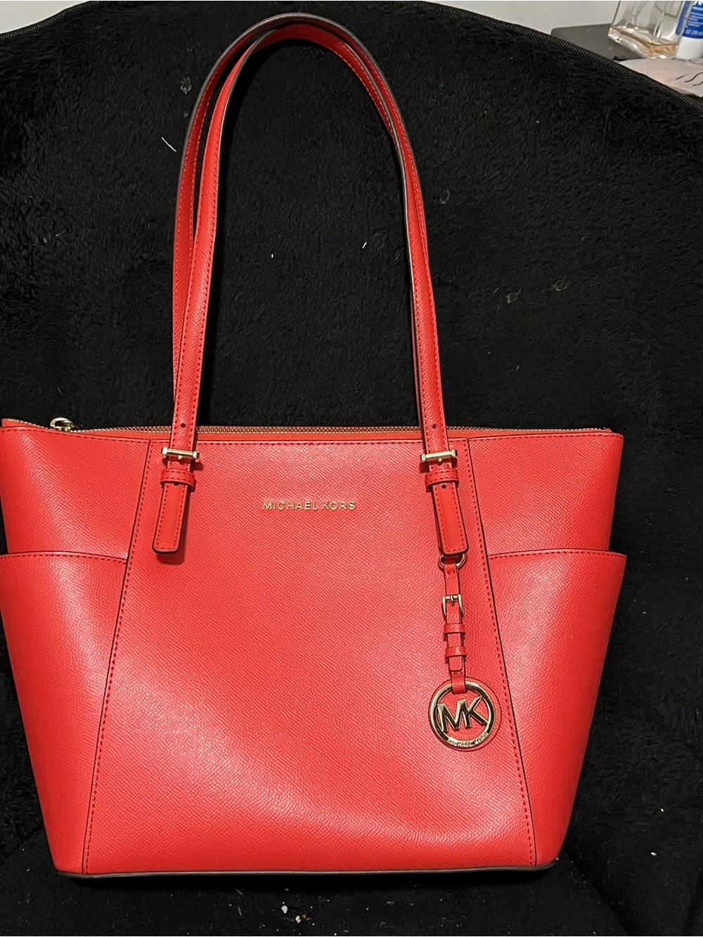 Michael Kors Coral-Red Saffiano Leather Tote with MK Charm